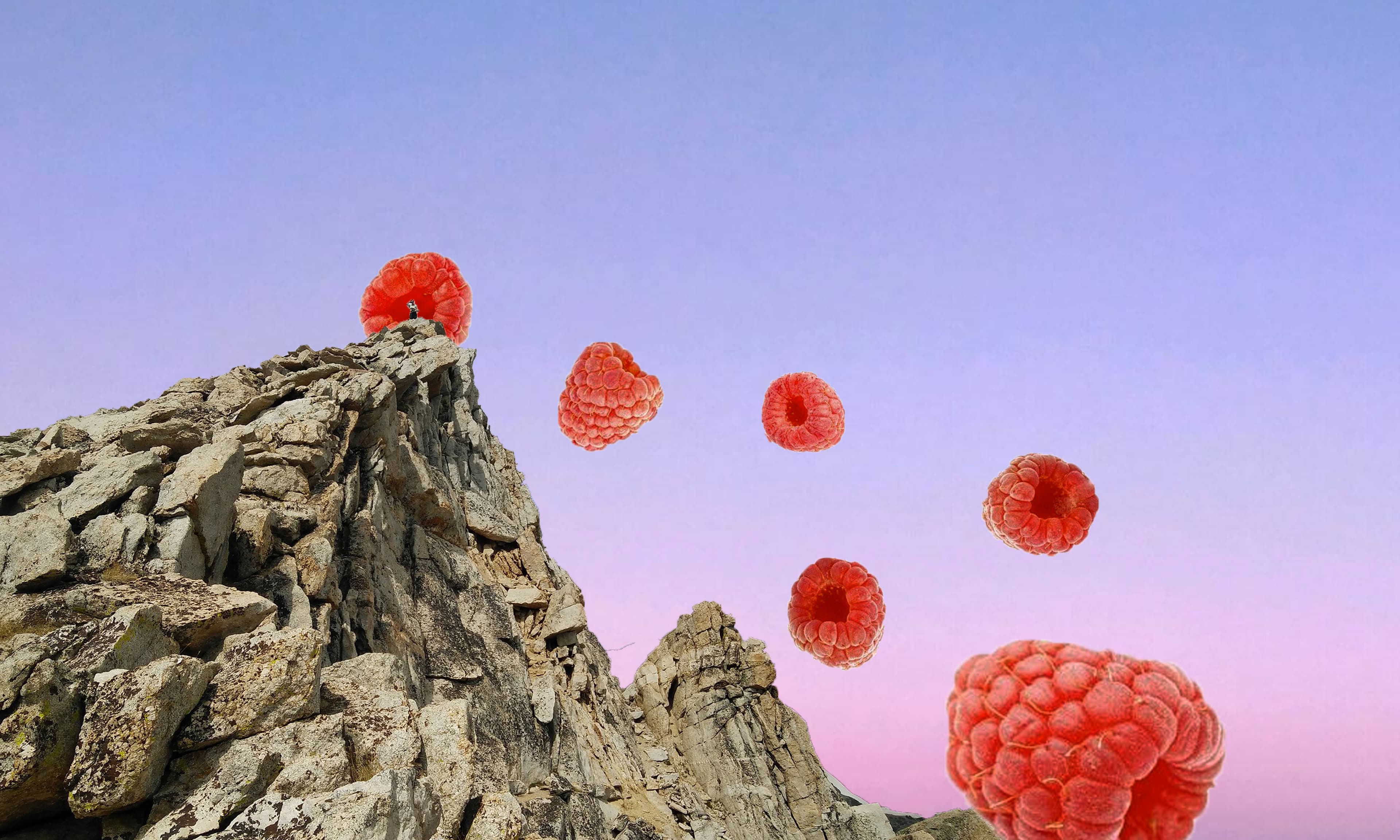 Raspberries falling past a rocky peak — digital collage